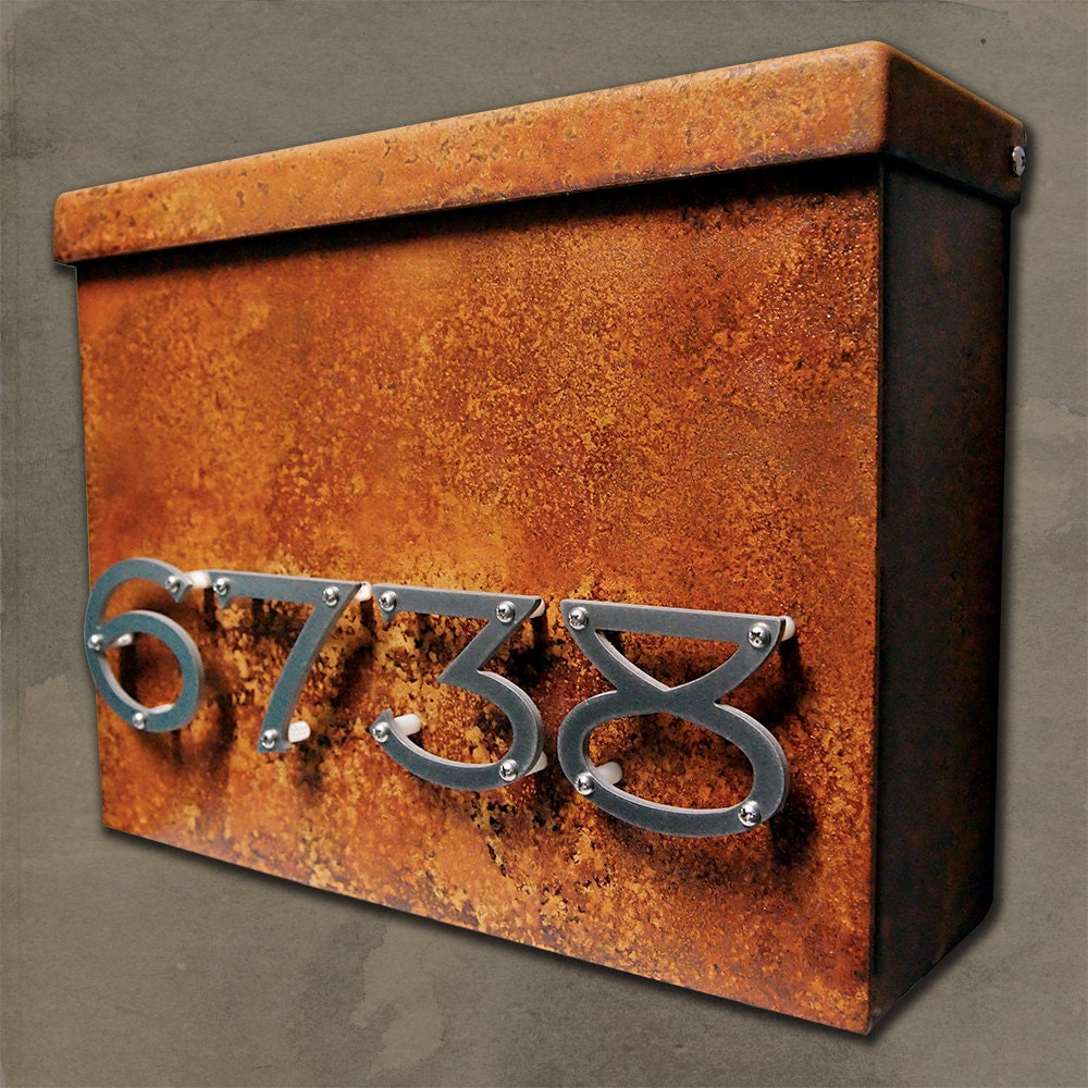 Custom Victorian Floating House Number Mailbox No. 1310 in Rusted Steel