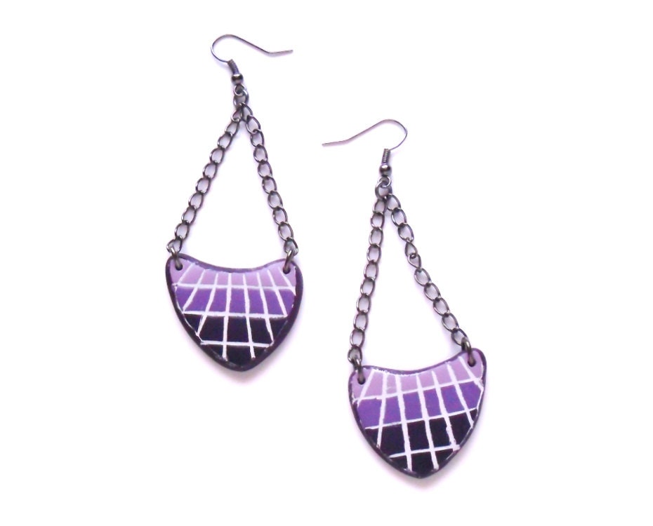Polymer clay earrings purple ombre mosaic arrow shaped geometrical dangle earrings
