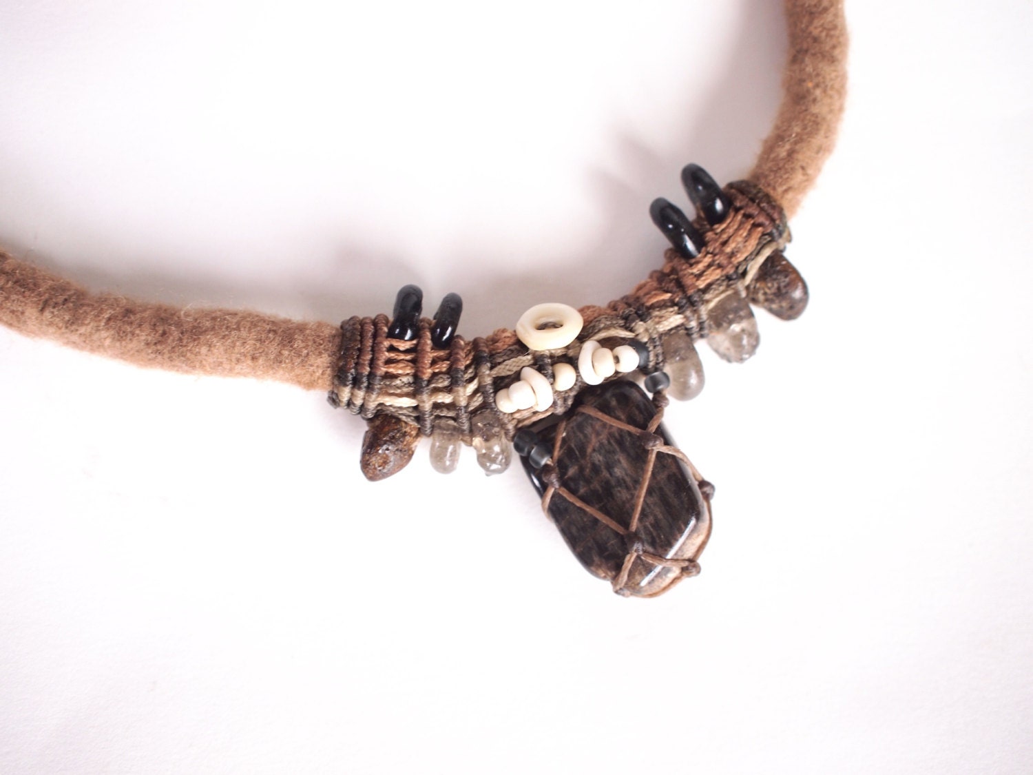 Felt Rope, Petrified Wood & Amber Fiber Art Freestyle Macrame Necklace - Wearable Art - Found Objects