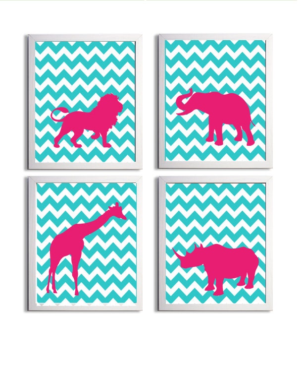 Nursery Art Chevron Boy Girl Hot Pink Turquoise Safari Animals set of 4 each 11x14