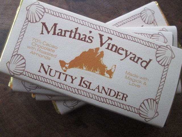 Dark Chocolate Bar Almonds Nutty Islander 70% Cacao Enchanted Chocolates of Martha's Vineyard MV Island Embossed
