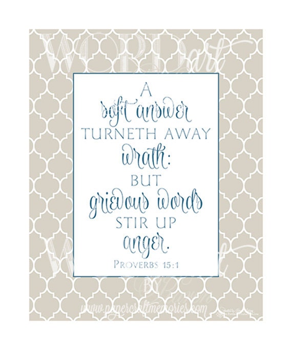 A Soft Answer Scripture Blue and Taupe Quatrefoil 8 x 10 Printable Art