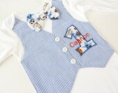 Navy Blue Seersucker First Birthday Sports Applique Tuxedo Onesie Vest with Removable Matching Bow Tie