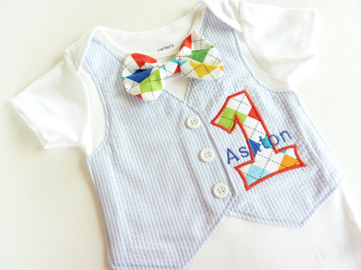 Light Blue Seersucker First Birthday Applique Tuxedo Onesie Vest with Removable Matching Bow Tie