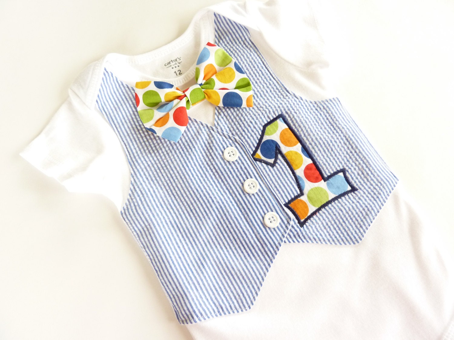 Navy Blue Seersucker First Birthday Applique Tuxedo Onesie Vest with Removable Matching Bow Tie