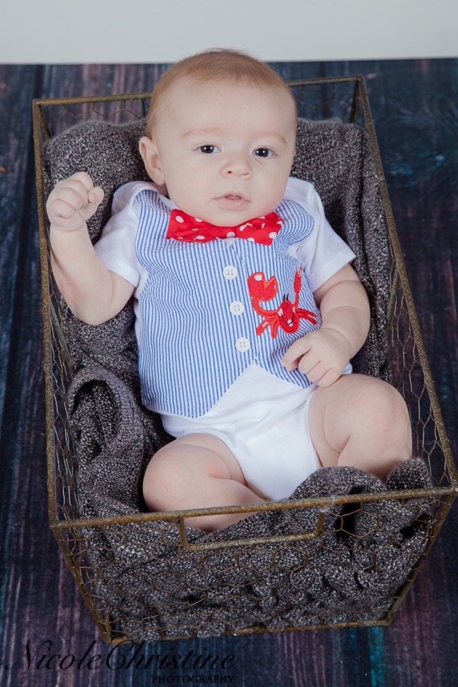 Summer Mr. Crab Navy Blue Seersucker Tuxedo Vest Onesie with Matching Removable Bow Tie