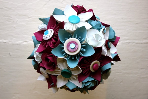 Paper Flower Bouquet, Wedding, Green, Fuchsia, White, Kusudama, Rose