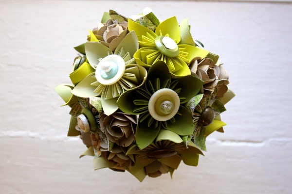 Paper Flower Bouquet - Wedding, Green, Kusudama, Music Note Paper Rose