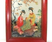 Rare Pair Vintage Silk Screen Painting Japanese Theme by H. Calpini 1930's -40's
