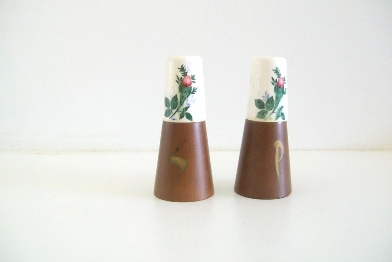 Mid Century Modern Teak and Ceramic Salt & Pepper Shakers