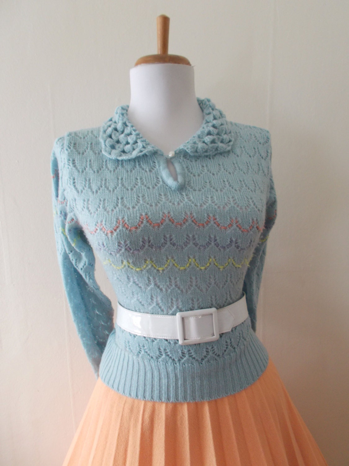 SALE Sexy Vintage 1960s 1970s Light Blue Pointelle Knit Snug SWEATER Top
