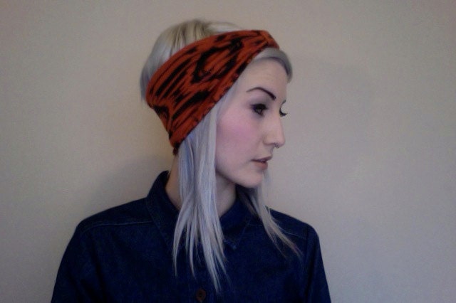 Burnt orange and black TRIBAL aztec geometric print  turban headband music festivals summer spring hot trendy