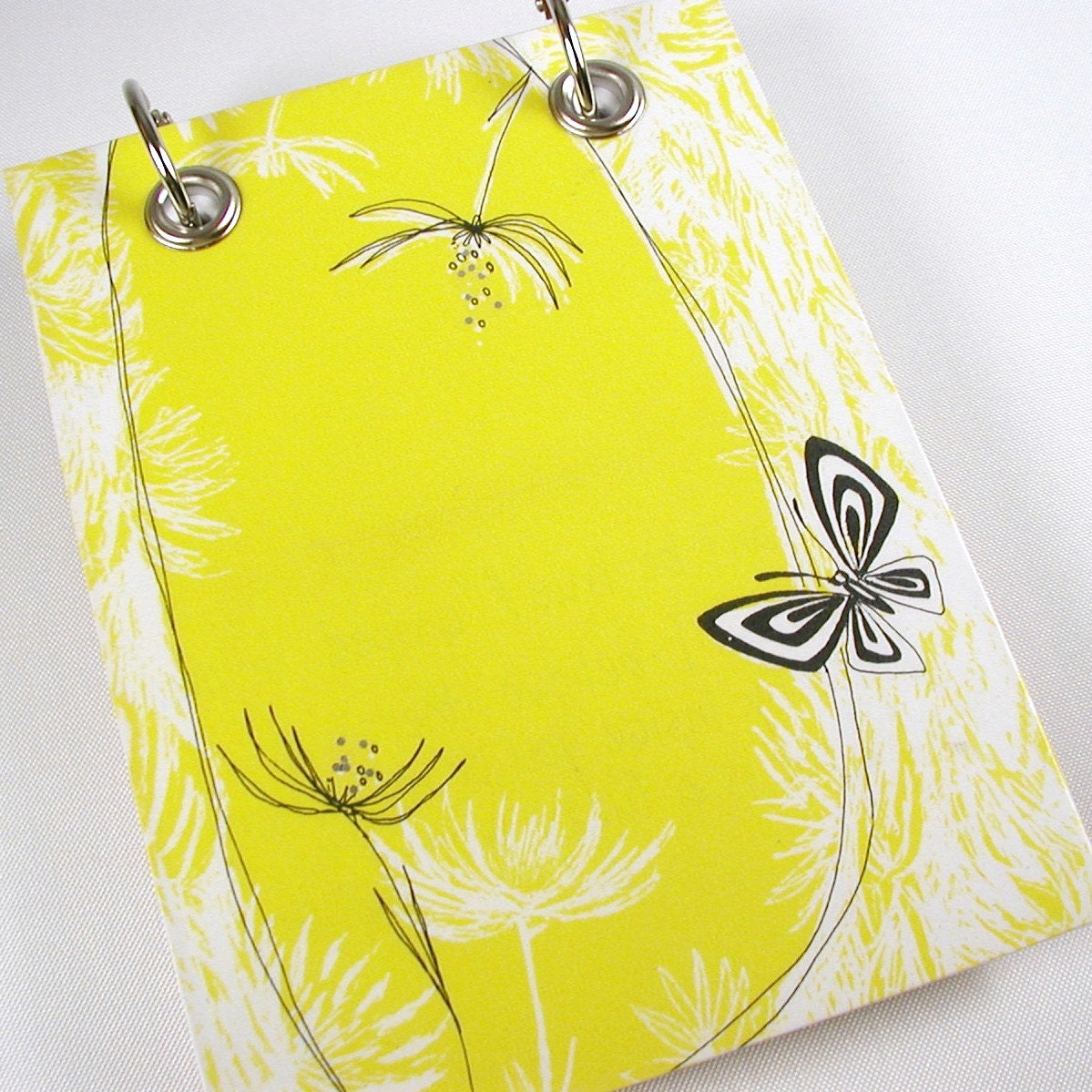 Large Refillable  Notepad - Butterfly - Flowers - Sunshine Yellow - Black and White - Recycled - Upcycled Kids Book