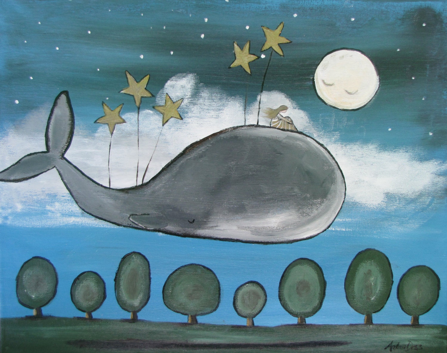 Original Wall Art, Children Decor, Whimsial Star Whale Acrylic Painting