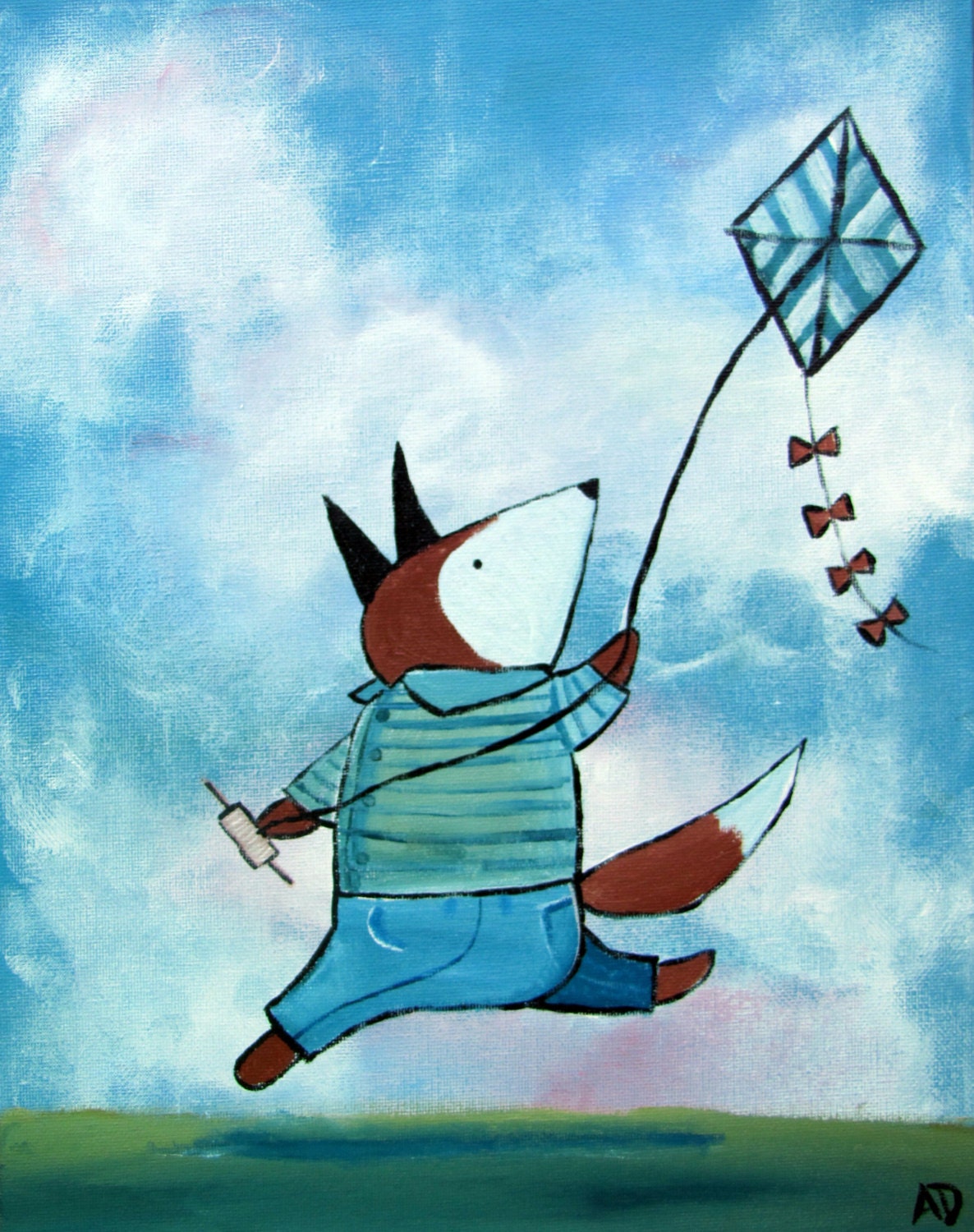 Kite Flying Fox, Kids Wall Art, Woodland Animal Nursery Painting, Original Art