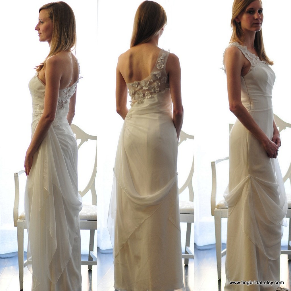 Sale-Charlotte Gown-Elegant One-shoulder Chiffon wedding dress gown-SIZE XS