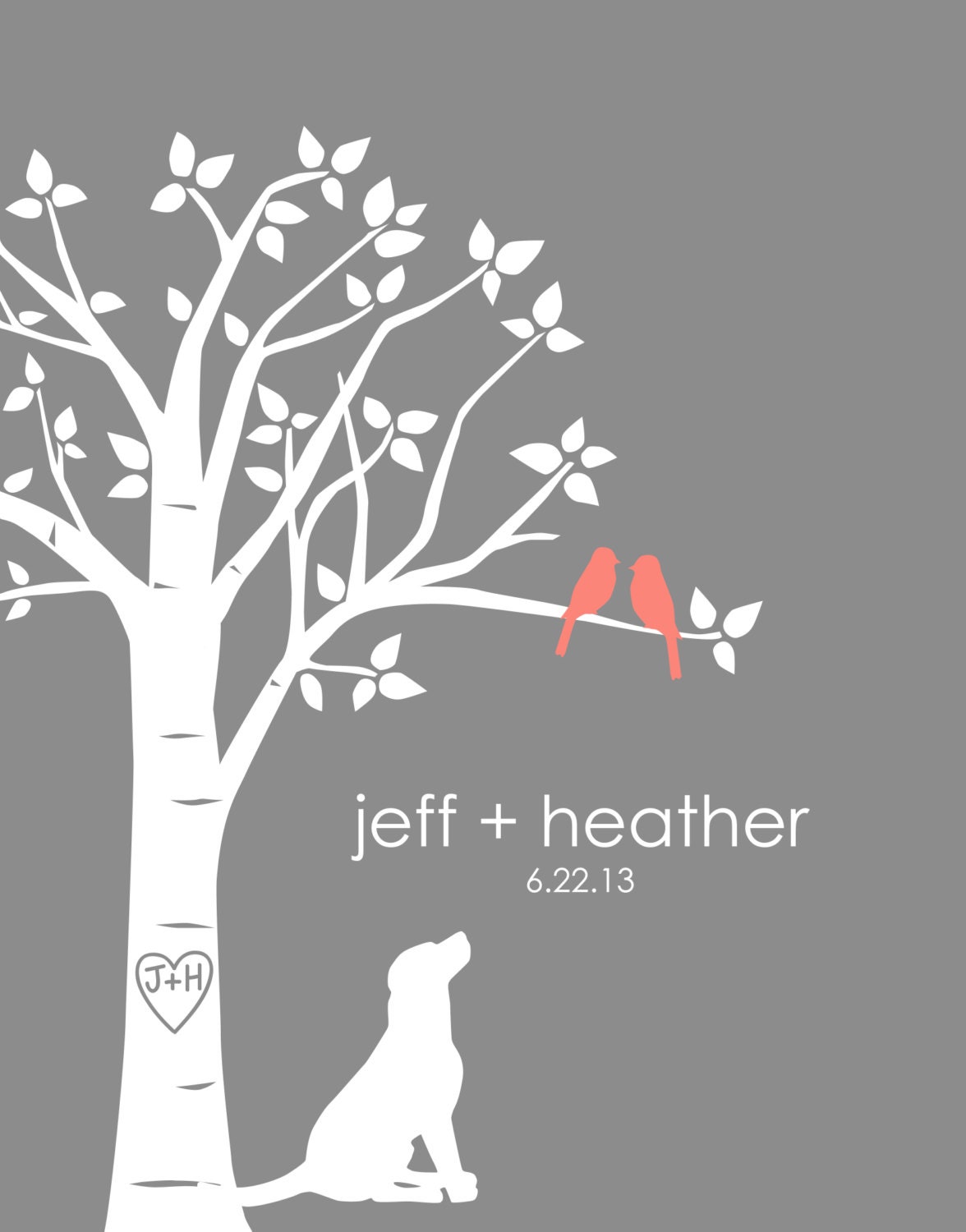 Personalized Custom Love Bird Wedding Tree with Custom Dog Silhouette - 11"x14" (gray/coral)