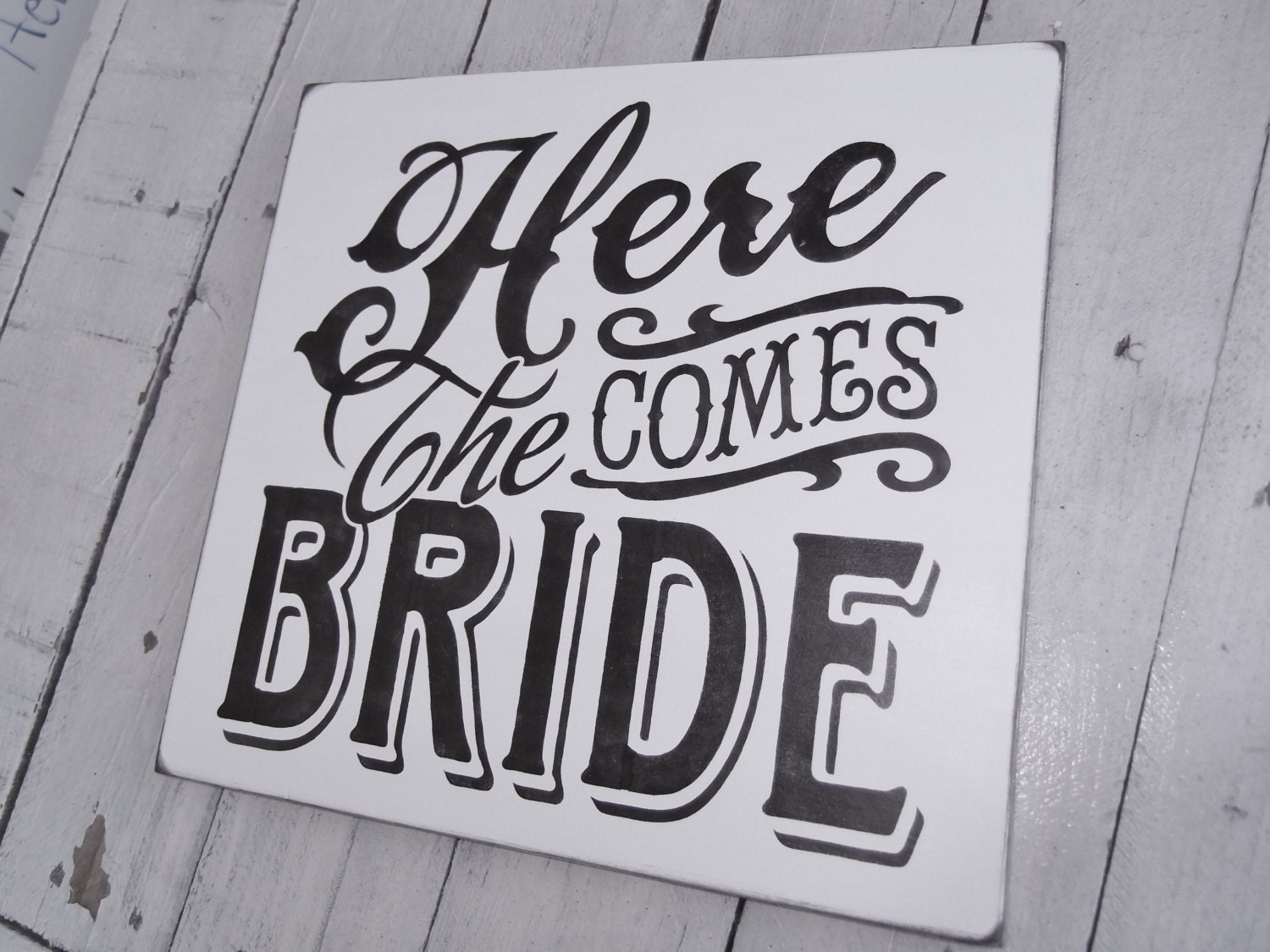 Here Comes the Bride wedding sign READY TO SHIP w/black ribbon - flower girl sign, ringbearer sign to carry down aisle