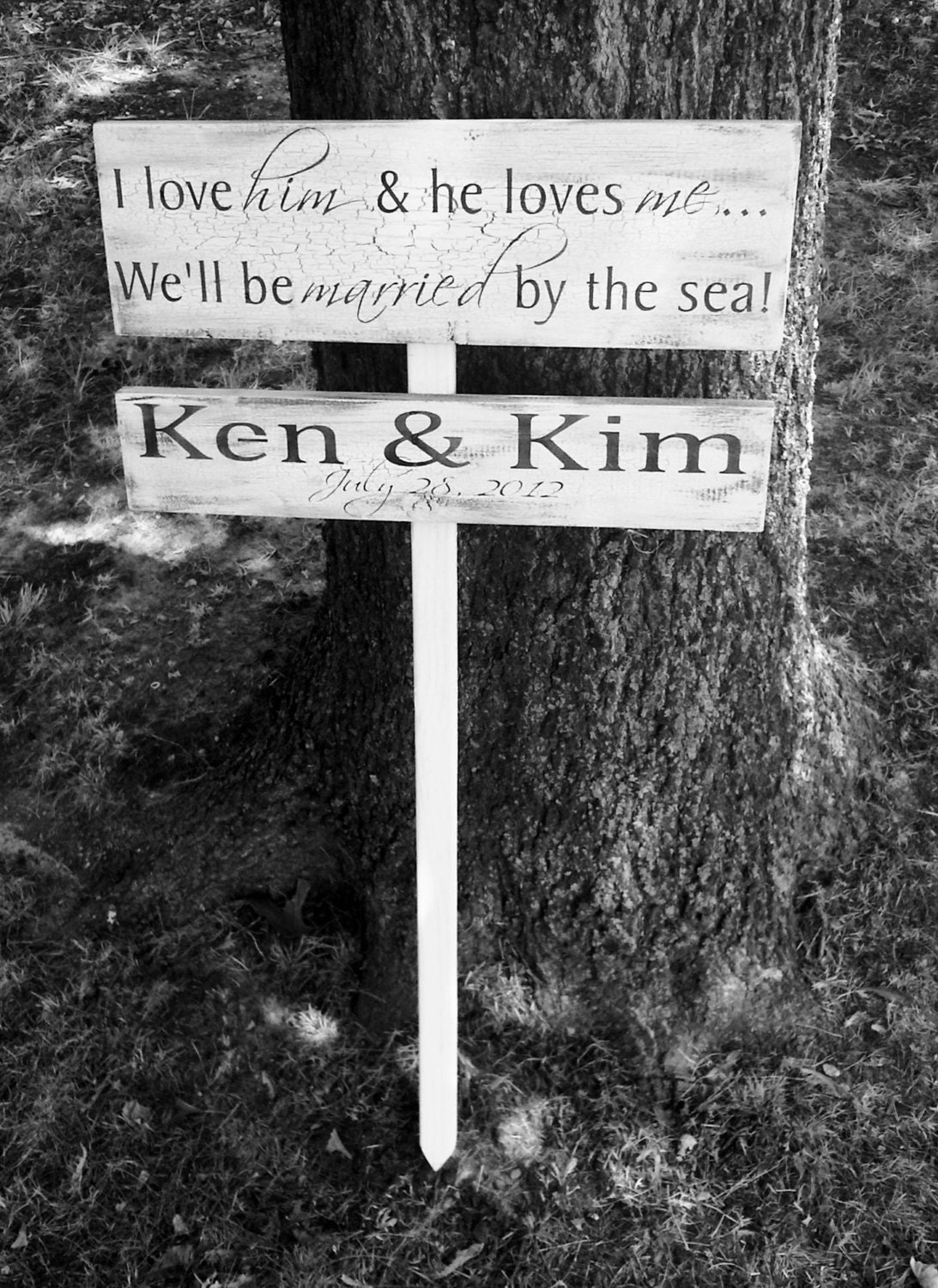 Customized Beach Wedding Directional Sign- "I Love Him and He Loves Me We'll be Married by the Sea" - personalized names, wedding date
