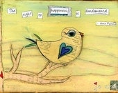 Mixed Media Art: Happiness is fundamental Bird 8x10 print - Whimsical Art, Folk Art, Inspirational Art, Wall Art, Bird Art - yellow, blue