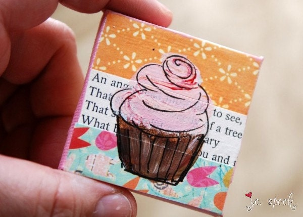 Mini Painting: Pink Cupcake 2x2, original painting, acrylic painting, mini original, cupcake painting, mixed media original, pink, orange