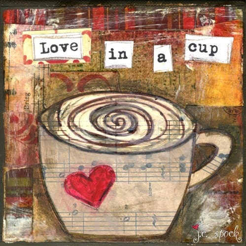 Mixed Media Art: Love for Coffee - 5x5 print - Whimsical Art, Folk Art, Inspirational Art, Wall Art, Coffee Art - red, brown