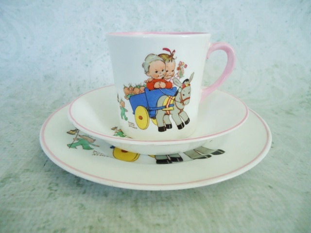 Vintage Shelley Bone China Trio - Shelley Mabel Lucie Attwell Child Trio Tea Set