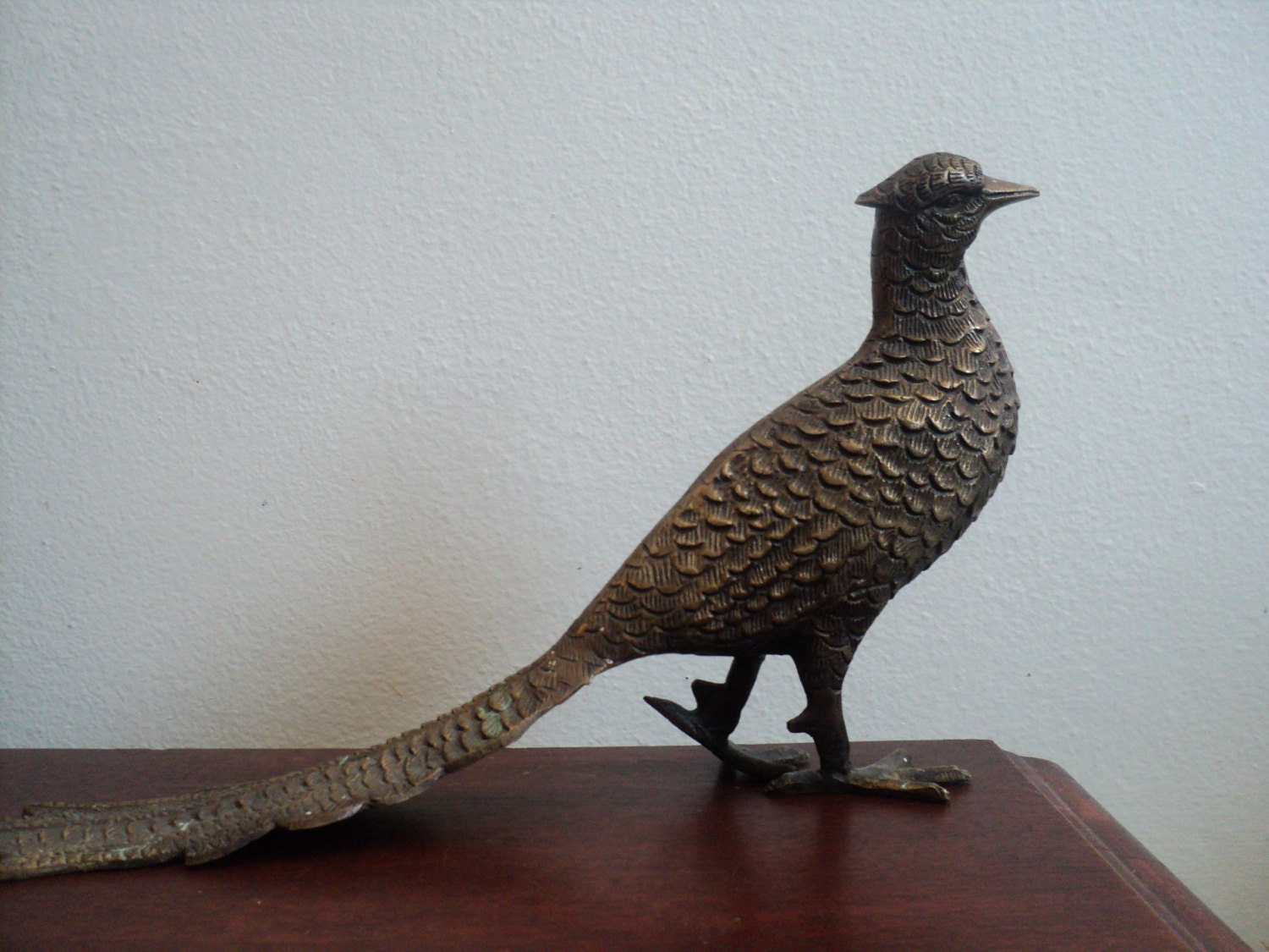 vintage solid brass pheasant bird  figure fabulous long tail 15 inches long