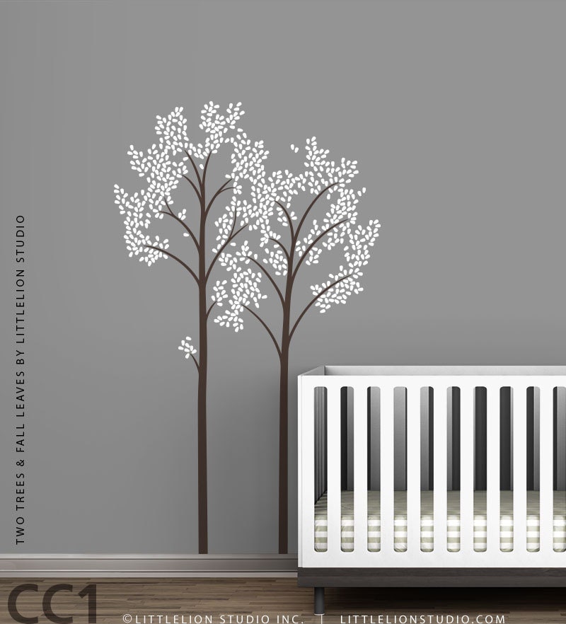 Two Trees and Fall Leaves Wall Decals by LittleLion Studio - Baby Nursery Wall Decor