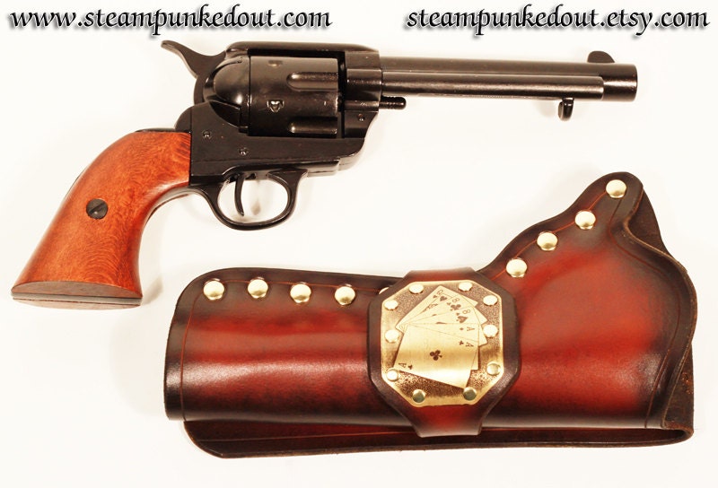 Gun Holster w/ Etched Brass Plate and Black Replica Revolver - Special Edition -