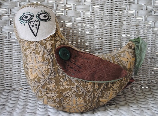 One of a kind Brown bird pillow with hand printed face