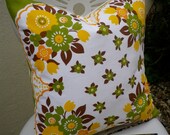 Vintage 1960s Flower Power Olive Yellow Napkin Cushion Pillow