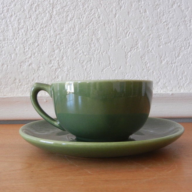 Bauer Pottery, Cup and Saucer, Monterey Moderne, Olive Green