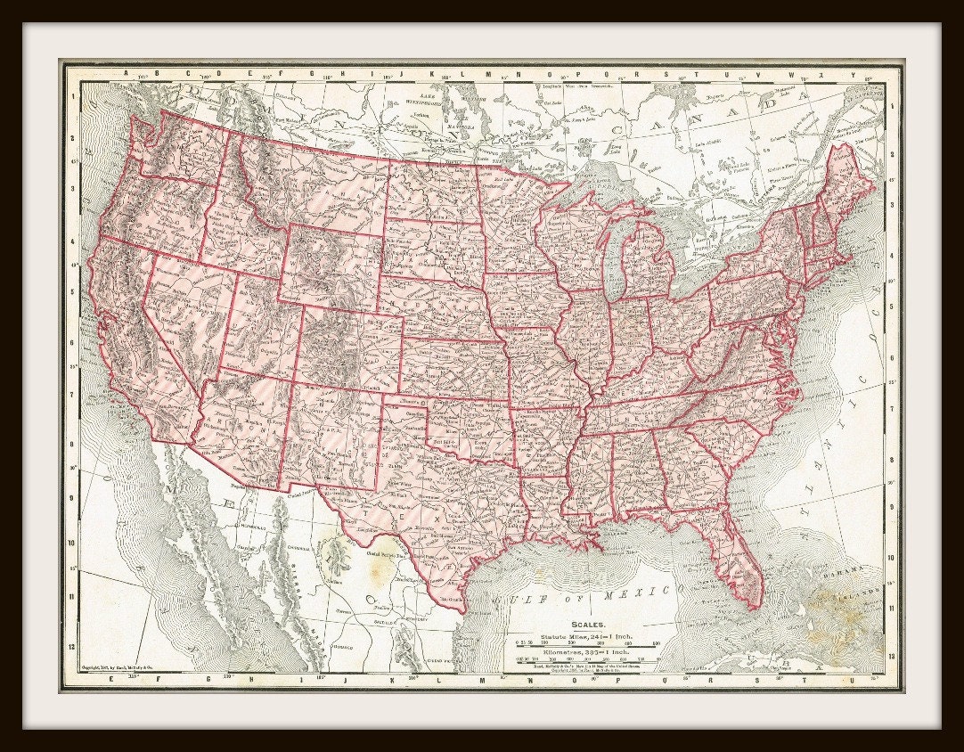 DIGITAL Download - 1911 UNITED States Map - US Map for Papercrafts, Transfers, Pillows, Scrapbooks, and more.