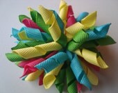 Hot Pink, Green, Yellow and Blue Girls Korker Ribbon Hair Clip/Hair Bow Clip