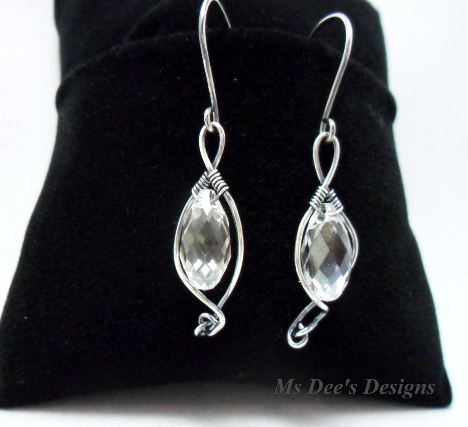Silver Shade Swarovski Crystal Briolette with .930 Argentium Sterling Silver Framed Wire Wrapped Drop Earrings - ERG006