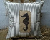 Nautical Seahorse Burlap and Decorator Ticking Beach House Pillow Black Stallion of the Sea Pillow Cover 18x18