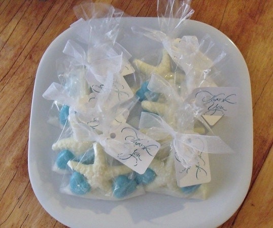 Wedding Favor Chocolate Treat Bag - Starfish and Hearts - Sugar Sand and Edible Pearls - Thank You Tag