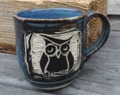Blue Black and White Sgraffito Owl Mug