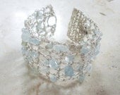 Crochet Aquamarine Silver Handmade Fiber Art Lace Bracelet, Aqua Turquoise Romantic Bracelet with Sterling Silver Crochet Wire