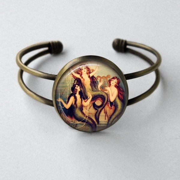 Mermaid Jewelry Three Mermaids Sea Nymph Nautical Fantasy Vintage Style Bronze Bangle Cuff Bracelet