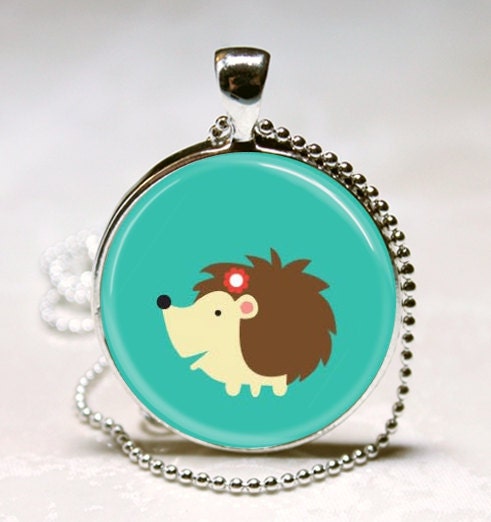 Hedgehog Necklace Woodland Creature Forest Animal Jewelry Aqua Blue Art Pendant with Ball Chain Included