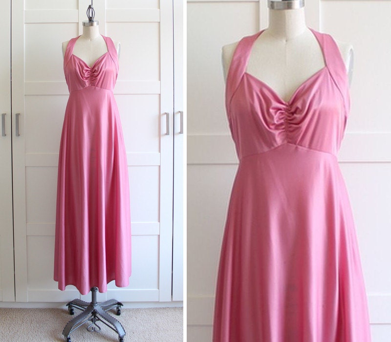 Vintage Halter Dress / Pink Maxi Dress / Mauve Dress / 60s Dress / 70s Dress / size Large