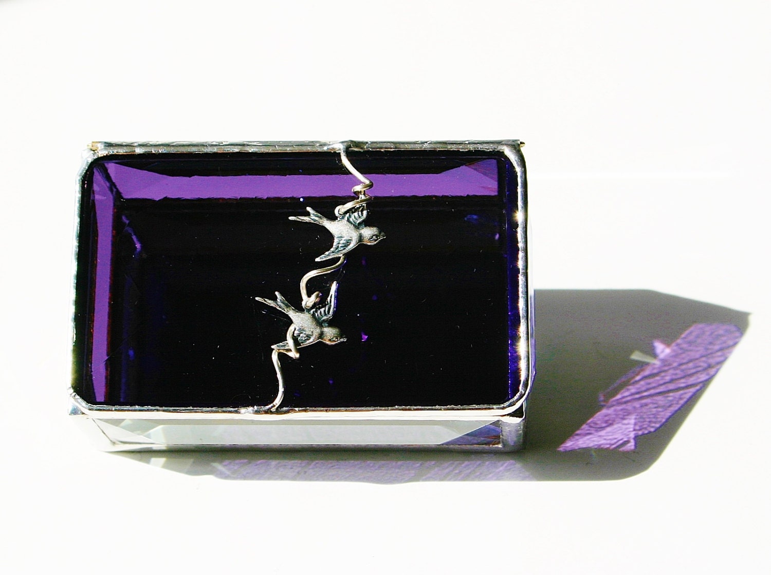 Deep Purple Stained Glass Box 2x3 w/ two Silver-plated Soaring Swallow Birds Wedding Ceremony Mothers Day Handmade