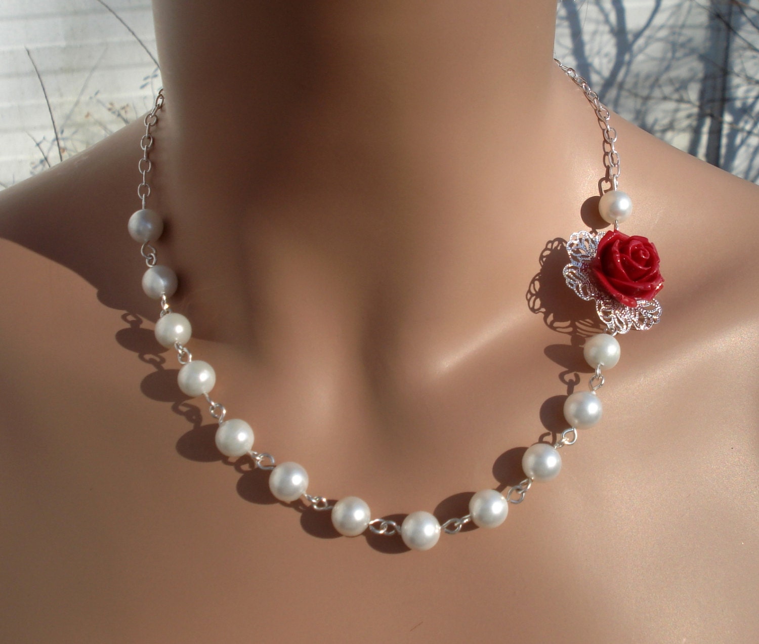 Elegant Bridal Jewelry-Red color Rose Pearl Necklace ONLY - Wedding Jewelry, Bridal Jewelry