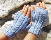 Soft Periwinkle Blue Fingerless Mittens in Wool Alpaca Silk