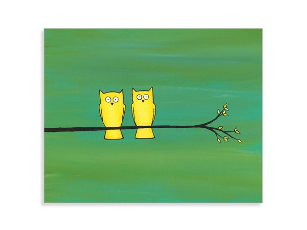 Owls on a Branch Wall Art  - Colorful Nursery Art