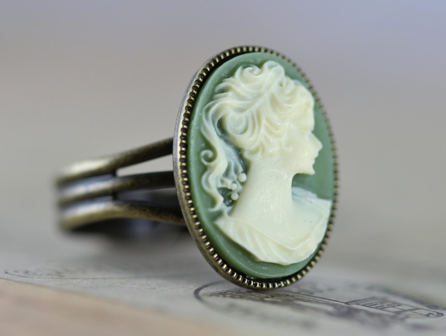 Cameo Ring Green and Ivory - Brass Handmade by Inspired by Elizabeth