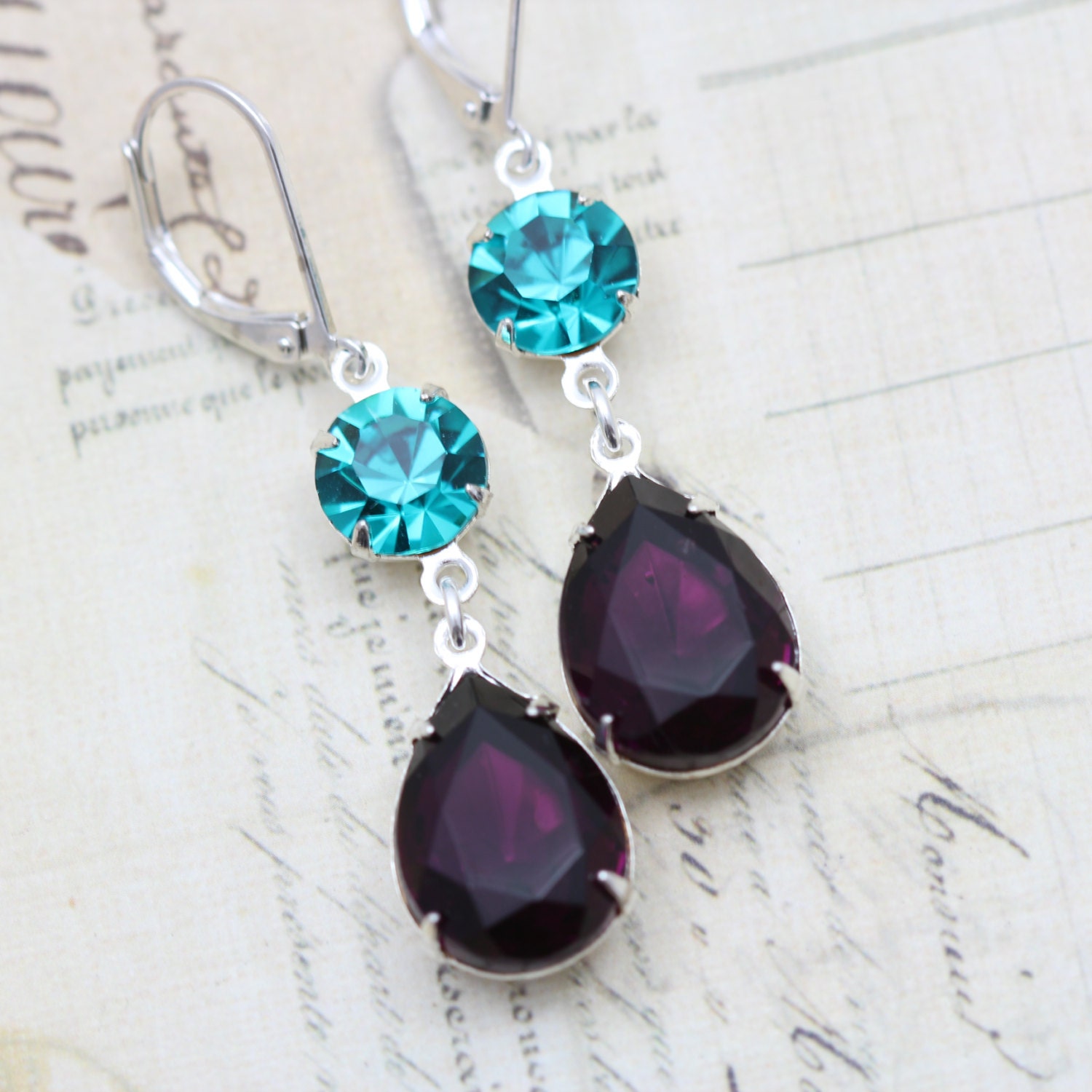 Vintage Earrings - Purple Amethyst Blue Zircon Turquoise Teal Peacock Wedding Bridesmaids Glass Silver Earrings - Clip ons available