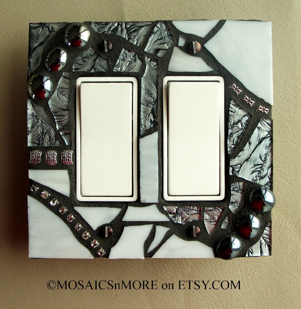 Silver and Shiny  -  Handmade Double ROCKER Mosaic Light Switch Cover Wall Plate